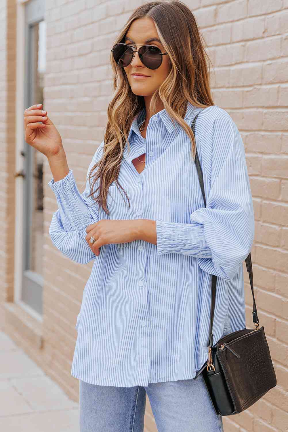 Striped Lantern Sleeve Collared Shirt Trandify deal