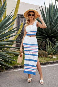 Striped Openwork Cropped Tank and Split Skirt Set Trandify deal