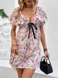 Perfee Printed V-Neck Puff Sleeve Mini Dress Trandify deal
