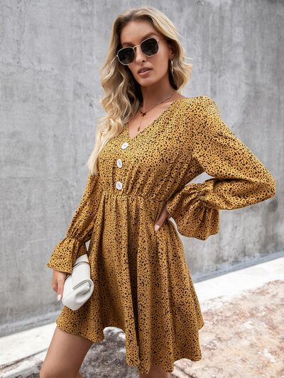 Ivy Lane Decorative Button V-Neck Flounce Sleeve Dress Trandify deal