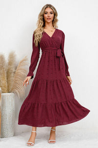 Swiss Dot Tied Surplice Flounce Sleeve Dress Trandify deal