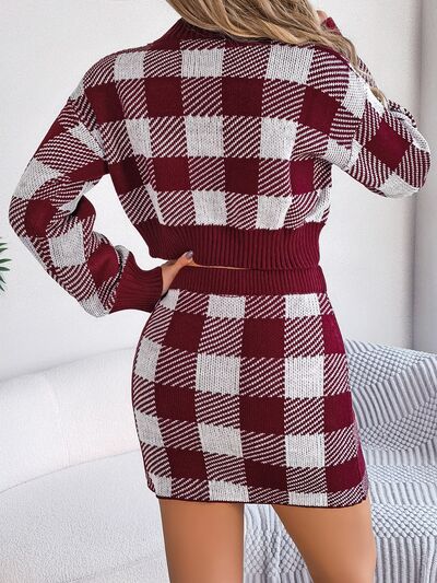 Plaid Round Neck Top and Skirt Sweater Set Trandify deal