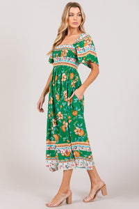 SAGE + FIG Printed Smocked Short Sleeve Midi Dress Trandify deal