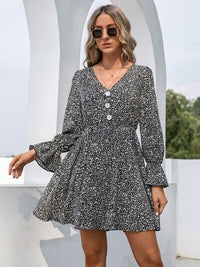 Ivy Lane Decorative Button V-Neck Flounce Sleeve Dress Trandify deal