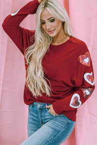 Heart Sequin Round Neck Long Sleeve T-Shirt Trandify deal